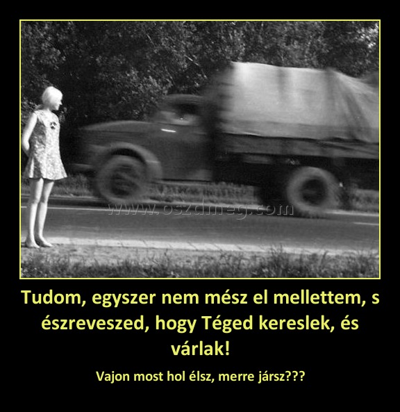 Tudom, egyszer nem mész el mellettem, s észreveszed, hogy Téged kereslek, és várlak!
 
Vajon most hol élsz, merre jársz???