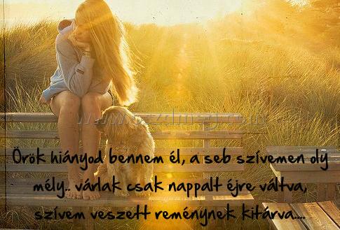 Örök hiányod bennem él
 
Örök hiányod bennem él, a seb szívemen oly mély.. várlak csak nappalt éjre váltva, szívem veszett reménynek kitárva....
