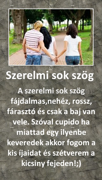 Szerelmi sok szög 
 
A szerelmi sok szög fájdalmas,nehéz, rossz, fárasztó és csak a baj van vele. Szóval cupido ha miattad egy ilyenbe keveredek akkor fogom a kis íjaidat és szétverem a kicsiny fejeden!;)