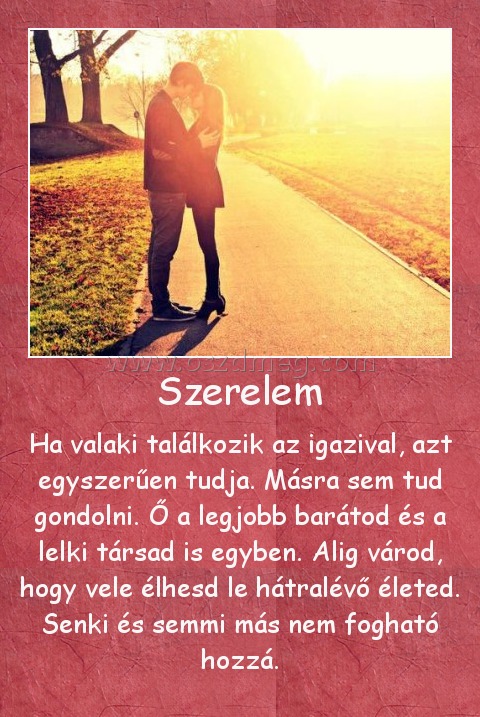Szerelem
 
Ha valaki találkozik az igazival, azt egyszerűen tudja. Másra sem tud gondolni. Ő a legjobb barátod és a lelki társad is egyben. Alig várod, hogy vele élhesd le hátralévő életed. Senki és semmi más nem fogható hozzá.