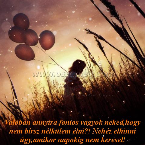 Valóban annyira fontos vagyok
 
Valóban annyira fontos vagyok neked,hogy nem bírsz nélkülem élni?! Nehéz elhinni úgy,amikor napokig nem keresel!