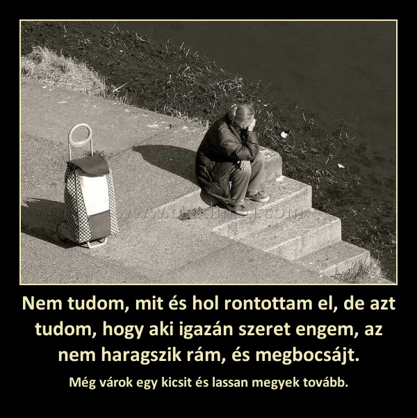 Nem tudom, mit és hol rontottam el, de azt tudom, hogy aki igazán szeret engem, az nem haragszik rám, és megbocsájt.
 
Még várok egy kicsit és lassan megyek tovább.