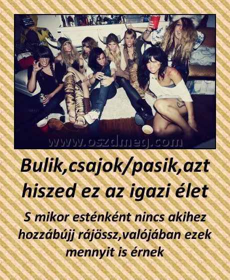 Bulik,csajok/pasik,azt hiszed ez az igazi élet
 
S mikor esténként nincs akihez hozzábújj rájössz,valójában ezek mennyit is érnek