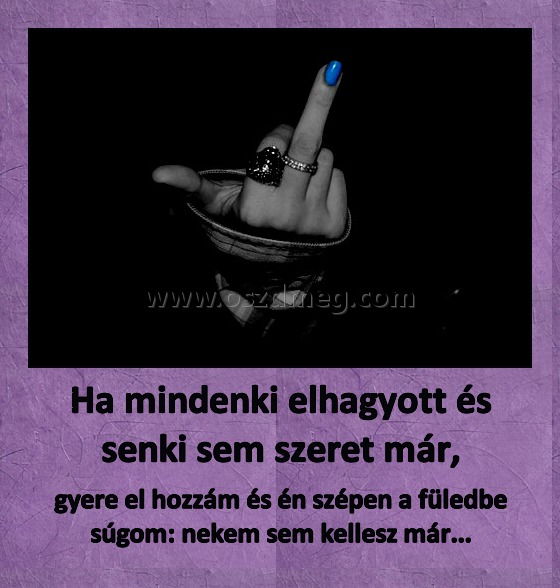 Ha mindenki elhagyott és senki sem szeret már,
 
gyere el hozzám és én szépen a füledbe súgom: nekem sem kellesz már...