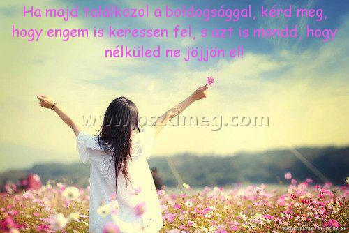 Ha majd találkozol a
 
Ha majd találkozol a boldogsággal, kérd meg, hogy engem is keressen fel, s azt is mondd, hogy nélküled ne jöjjön el!