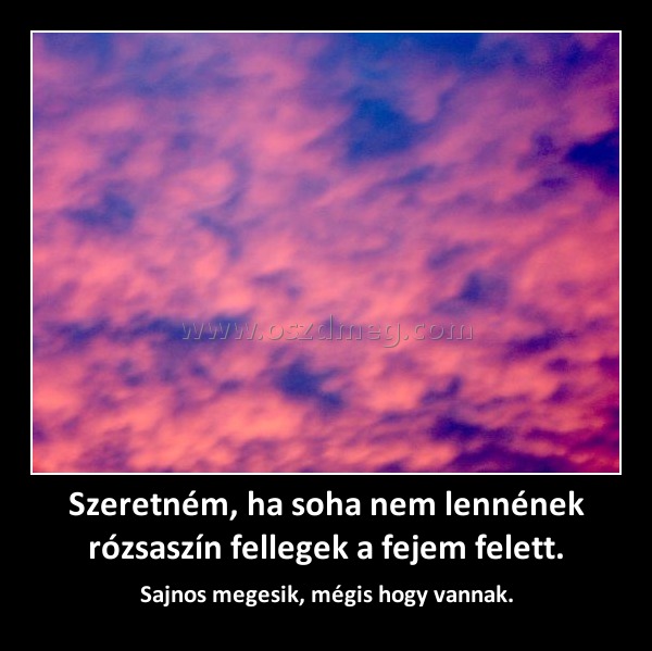 Szeretném, ha soha nem lennének rózsaszín fellegek a fejem felett. Szeretném, ha soha nem lennének rózsaszín fellegek a fejem felett.
Sajnos megesik, mégis hogy vannak.