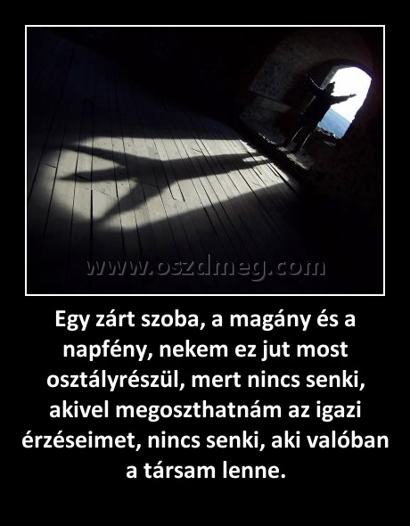 Egy zárt szoba, a magány és a napfény, nekem ez jut most osztályrészül, mert nincs senki, akivel megoszthatnám az igazi érzéseimet, nincs senki, aki valóban a társam lenne. Egy zárt szoba, a magány és a napfény, nekem ez jut most osztályrészül, mert nincs senki, akivel megoszthatnám az igazi érzéseimet, nincs senki, aki valóban a társam lenne.