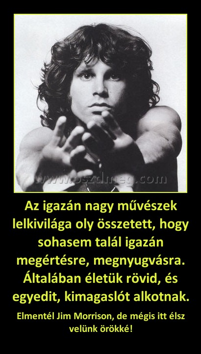 Az igazán nagy művészek lelkivilága oly összetett, hogy sohasem talál igazán megértésre, megnyugvásra. Általában életük rövid, és egyedit, kimagaslót alkotnak.
 
Elmentél Jim Morrison, de mégis itt élsz velünk örökké!