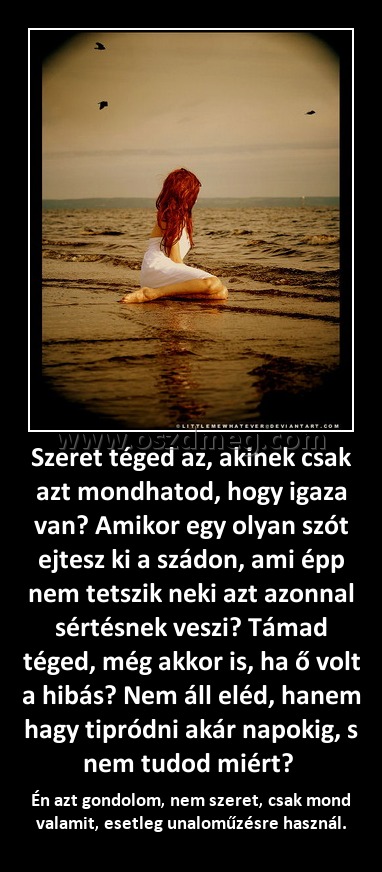 Szeret téged az, akinek csak azt mondhatod, hogy igaza van? Amikor egy olyan szót ejtesz ki a szádon, ami épp nem tetszik neki azt azonnal sértésnek veszi? Támad téged, még akkor is, ha ő volt a hibás? Nem áll eléd, hanem hagy tipródni akár napokig, s nem
 
Én azt gondolom, nem szeret, csak mond valamit, esetleg unaloműzésre használ.