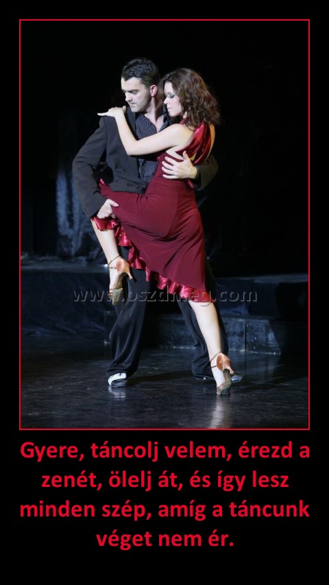 Gyere, táncolj velem, érezd a zenét, ölelj át, és így lesz minden szép, amíg a táncunk véget nem ér.
 
