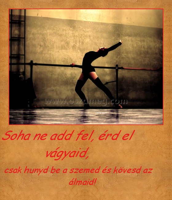 Soha ne add fel, érd el vágyaid, Soha ne add fel, érd el vágyaid,
csak hunyd be a szemed és kövesd az álmaid!