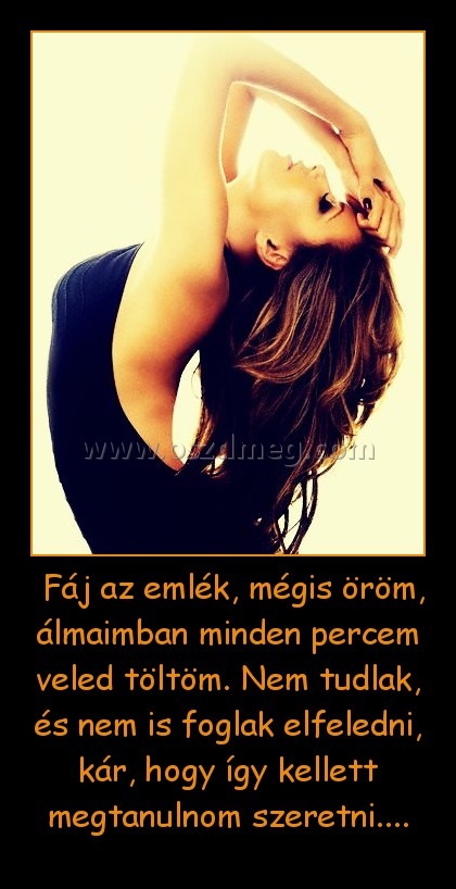  Fáj az emlék, mégis öröm, álmaimban minden percem veled töltöm. Nem tudlak, és nem is foglak elfeledni, kár, hogy így kellett megtanulnom szeretni....
 
