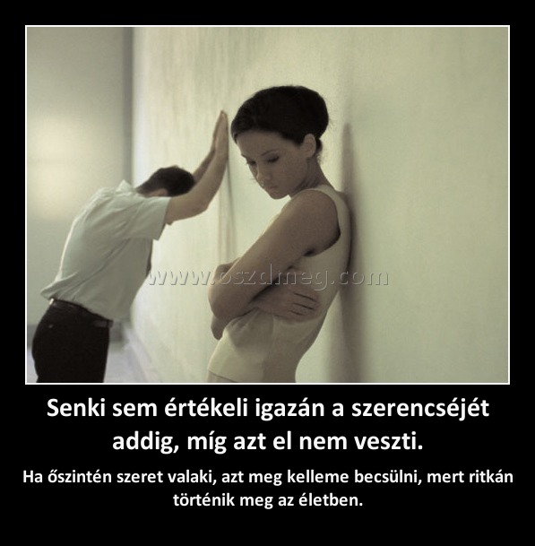 Senki sem értékeli igazán a szerencséjét addig, míg azt el nem veszti.
 
Ha őszintén szeret valaki, azt meg kelleme becsülni, mert ritkán történik meg az életben.