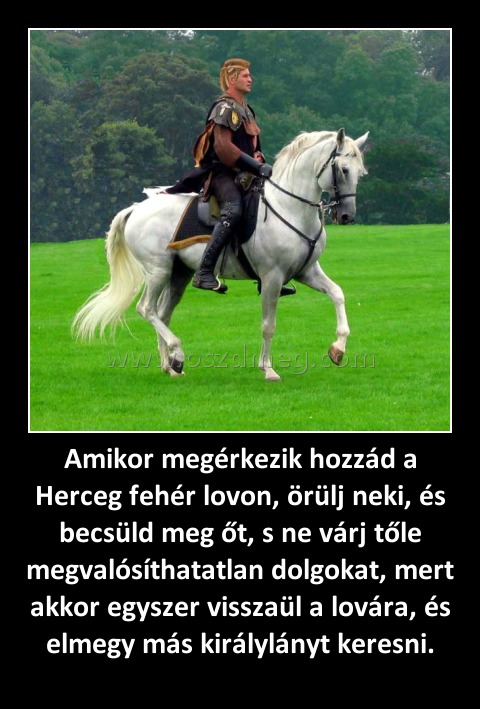 Amikor megérkezik hozzád a Herceg fehér lovon, örülj neki, és becsüld meg őt, s ne várj tőle megvalósíthatatlan dolgokat, mert akkor egyszer visszaül a lovára, és elmegy más királylányt keresni. Amikor megérkezik hozzád a Herceg fehér lovon, örülj neki, és becsüld meg őt, s ne várj tőle megvalósíthatatlan dolgokat, mert akkor egyszer visszaül a lovára, és elmegy más királylányt keresni.