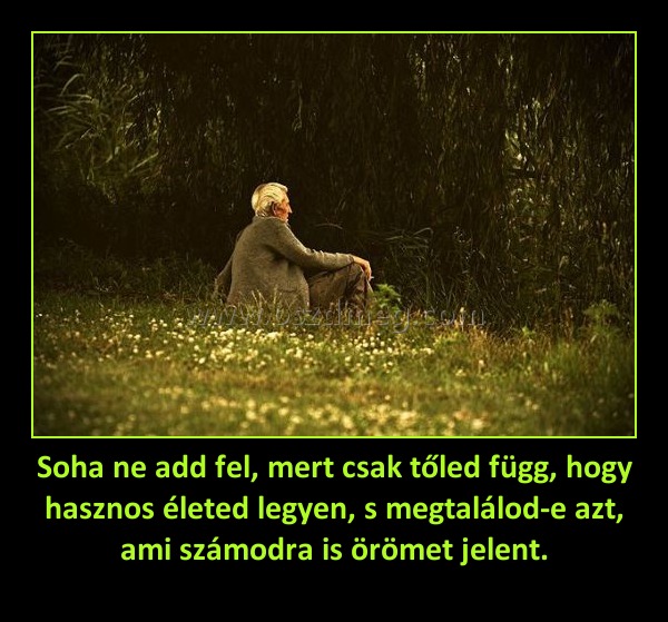 Soha ne add fel, mert csak tőled függ, hogy hasznos életed legyen, s megtalálod-e azt, ami számodra is örömet jelent.
 
