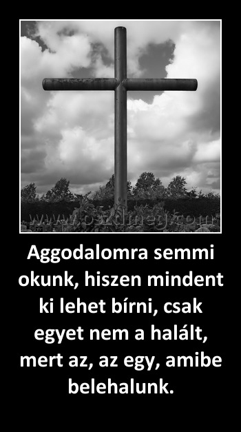 Aggodalomra semmi okunk, hiszen mindent ki lehet bírni, csak egyet nem a halált, mert az, az egy, amibe belehalunk.
 
