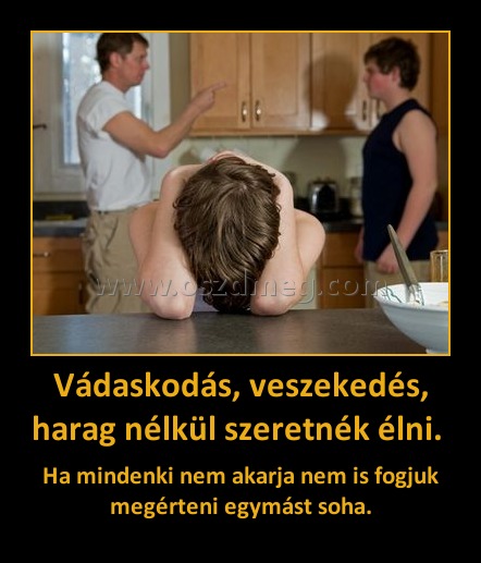 Vádaskodás, veszekedés, harag nélkül szeretnék élni. Vádaskodás, veszekedés, harag nélkül szeretnék élni.
Ha mindenki nem akarja nem is fogjuk megérteni egymást soha.