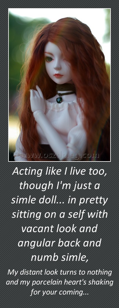 Acting like I live too, though I'm just a simle doll... in pretty sitting on a self with vacant look and angular back and numb simle, Acting like I live too, though I'm just a simle doll... in pretty sitting on a self with vacant look and angular back and numb simle,
My distant look turns to nothing and my porcelain heart's shaking for your coming...