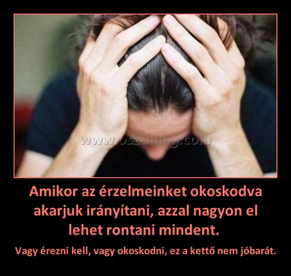 Amikor az érzelmeinket okoskodva akarjuk irányítani, azzal nagyon el lehet rontani mindent. Amikor az érzelmeinket okoskodva akarjuk irányítani, azzal nagyon el lehet rontani mindent.
Vagy érezni kell, vagy okoskodni, ez a kettő nem jóbarát.