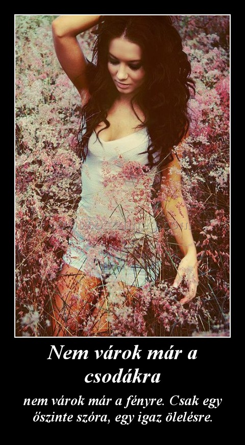 Nem várok már a csodákra
 
nem várok már a fényre. Csak egy őszinte szóra, egy igaz ölelésre.
