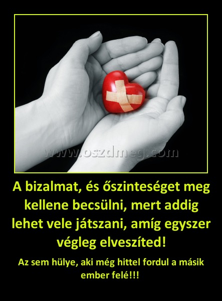 A bizalmat, és őszinteséget meg kellene becsülni, mert addig lehet vele játszani, amíg egyszer végleg elveszíted!
 
Az sem hülye, aki még hittel fordul a másik ember felé!!! 