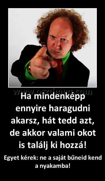 Ha mindenképp ennyire haragudni akarsz, hát tedd azt, de akkor valami okot is találj ki hozzá!
 
Egyet kérek: ne a saját bűneid kend a nyakamba!