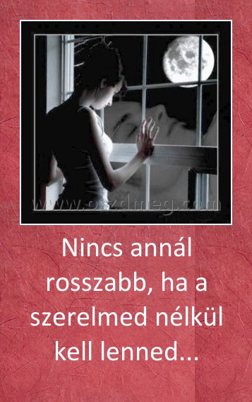 Nincs annál rosszabb, ha a szerelmed nélkül kell lenned...
 
