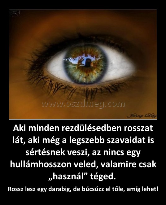 Aki minden rezdülésedben rosszat lát, aki még a legszebb szavaidat is sértésnek veszi, az nincs egy hullámhosszon veled, valamire csak „használ” téged. 
 
Rossz lesz egy darabig, de búcsúzz el tőle, amíg lehet!