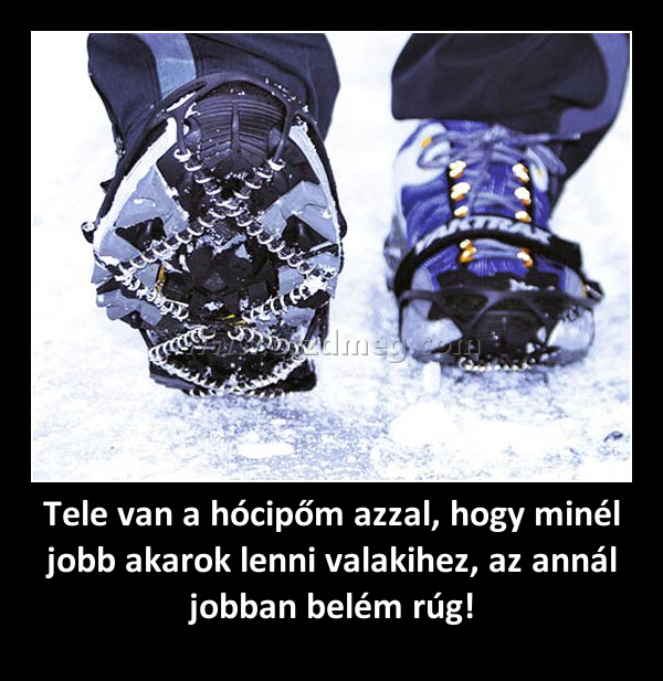 Tele van a hócipőm azzal, hogy minél jobb akarok lenni valakihez, az annál jobban belém rúg!
 
