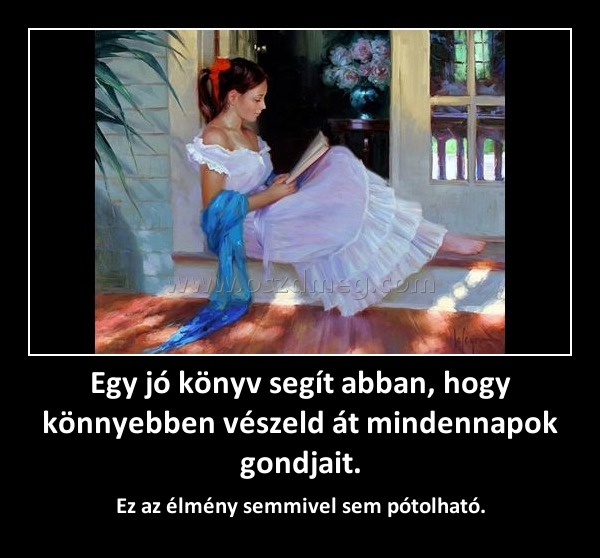 Egy jó könyv segít abban, hogy könnyebben vészeld át mindennapok gondjait.
 
Ez az élmény semmivel sem pótolható.