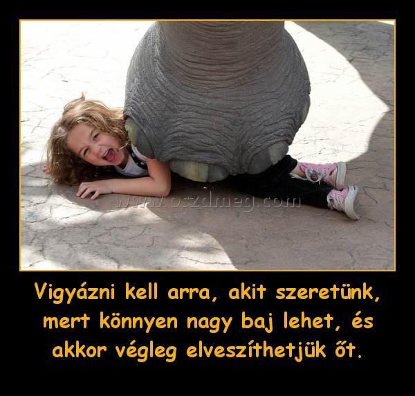 Vigyázni kell arra, akit szeretünk, mert könnyen nagy baj lehet, és akkor végleg elveszíthetjük őt.
 
