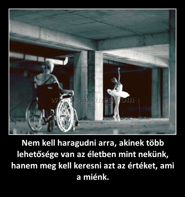 Nem kell haragudni arra, akinek több lehetősége van az életben mint nekünk, hanem meg kell keresni azt az értéket, ami a miénk.
 
