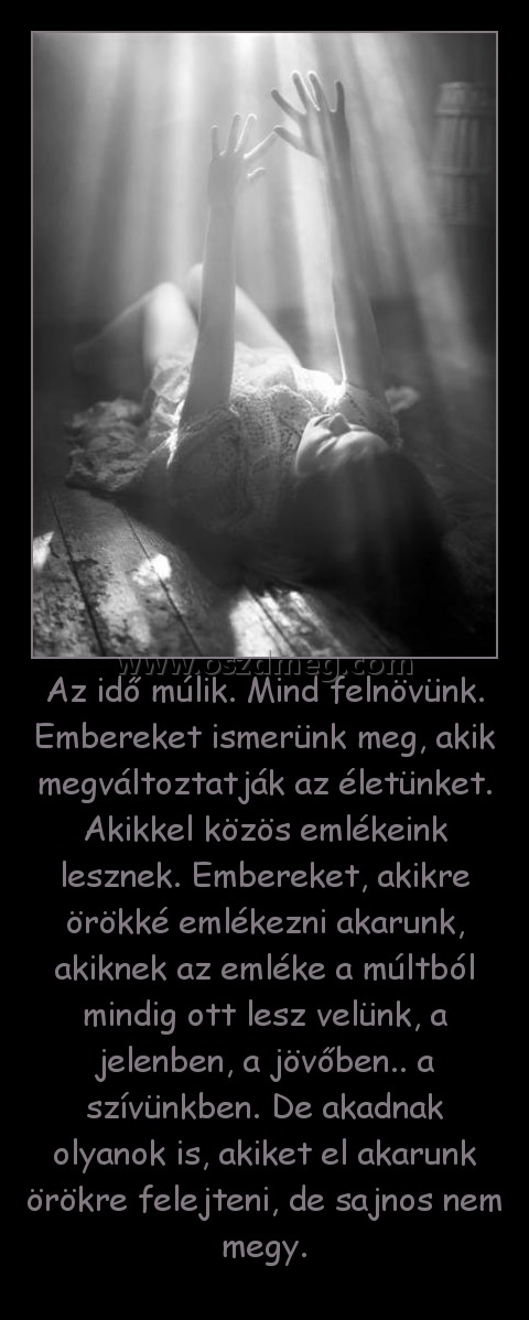 Az idő múlik. Mind felnövünk. Embereket ismerünk meg, akik megváltoztatják az életünket. Akikkel közös emlékeink lesznek. Embereket, akikre örökké emlékezni akarunk, akiknek az emléke a múltból mindig ott lesz velünk, a jelenben, a jövőben.. a szívünkben.
 
