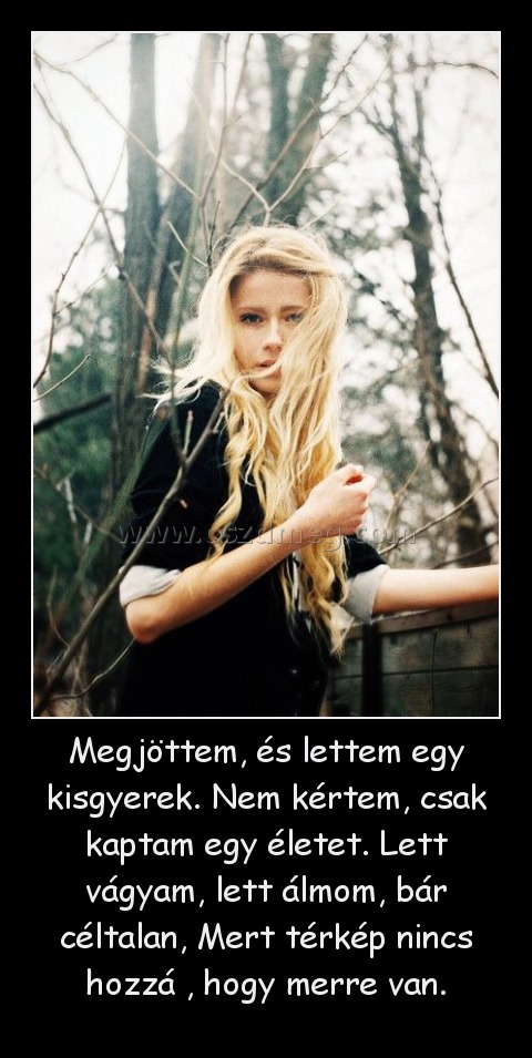 Megjöttem, és lettem egy kisgyerek. Nem kértem, csak kaptam egy életet. Lett vágyam, lett álmom, bár céltalan, Mert térkép nincs hozzá , hogy merre van.
 
