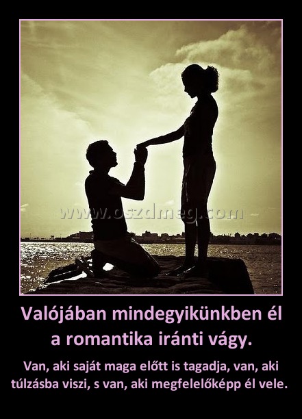 Valójában mindegyikünkben él a romantika iránti vágy. Valójában mindegyikünkben él a romantika iránti vágy.
Van, aki saját maga előtt is tagadja, van, aki túlzásba viszi, s van, aki megfelelőképp él vele.