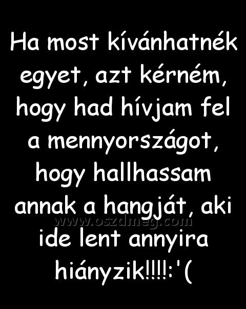 Ha most kívánhatnék egyet Ha most kívánhatnék egyet
Ha most kívánhatnék egyet, azt kérném, hogy had hívjam fel a mennyországot, hogy hallhassam annak a hangját, aki ide lent annyira hiányzik!!!!:'(
