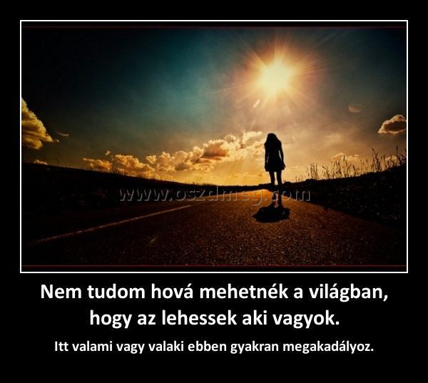 Nem tudom hová mehetnék a világban, hogy az lehessek aki vagyok. Nem tudom hová mehetnék a világban, hogy az lehessek aki vagyok.
Itt valami vagy valaki ebben gyakran megakadályoz.