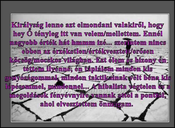 Királyság lenne azt elmondani Királyság lenne azt elmondani
Királyság lenne azt elmondani valakiről, hogy hey Ő tényleg itt van velem/mellettem. Ennél nagyobb érték hát hmmm izé... szerintem nincs ebben az érzéketlen/értékvesztett/erősen köcsög/mocskos világban. Ezt élem és bizony én tettem ilyenné, én táplálom minden kis genyóságommal, minden taktikainak vélt béna kis lépésemmel, mindennel... A hibalista végtelen és a megoldások fényévnyire vannak attól a ponttól, ahol elvesztettem önmagam.