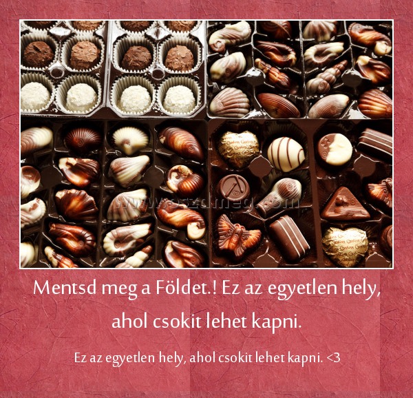 Mentsd meg a Földet.! Ez az egyetlen hely, ahol csokit lehet kapni. Mentsd meg a Földet.! Ez az egyetlen hely, ahol csokit lehet kapni.
Ez az egyetlen hely, ahol csokit lehet kapni. <3
