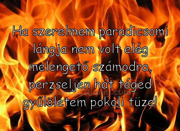 Ha szerelmem paradicsomi lángja Ha szerelmem paradicsomi lángja
Ha szerelmem paradicsomi lángja nem volt elég melengető számodra, perzseljen hát téged gyűlöletem pokoli tüze!