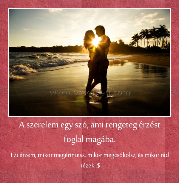A szerelem egy szó, ami rengeteg érzést foglal magába. A szerelem egy szó, ami rengeteg érzést foglal magába.
Ezt érzem, mikor megérintesz, mikor megcsókolsz, és mikor rád nézek :$
