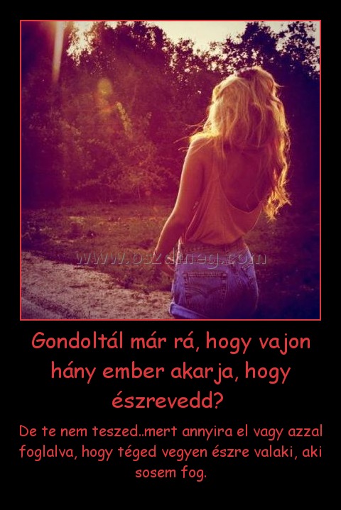 Gondoltál már rá, hogy vajon hány ember akarja, hogy észrevedd? Gondoltál már rá, hogy vajon hány ember akarja, hogy észrevedd?
De te nem teszed..mert annyira el vagy azzal foglalva, hogy téged vegyen észre valaki, aki sosem fog.