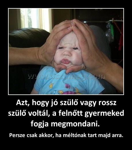 Azt, hogy jó szülő vagy rossz szülő voltál, a felnőtt gyermeked fogja megmondani. Azt, hogy jó szülő vagy rossz szülő voltál, a felnőtt gyermeked fogja megmondani.
Persze csak akkor, ha méltónak tart majd arra.
