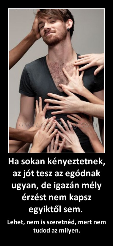 Ha sokan kényeztetnek, az jót tesz az egódnak ugyan, de igazán mély érzést nem kapsz egyiktől sem. Ha sokan kényeztetnek, az jót tesz az egódnak ugyan, de igazán mély érzést nem kapsz egyiktől sem.
Lehet, nem is szeretnéd, mert nem tudod az milyen.