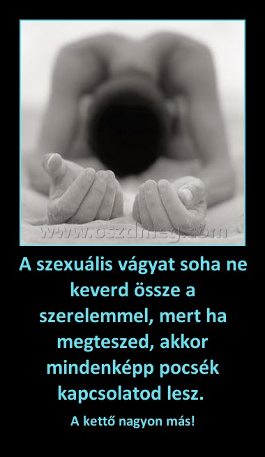 A szexuális vágyat soha ne keverd össze a szerelemmel, mert ha megteszed, akkor mindenképp pocsék kapcsolatod lesz. A szexuális vágyat soha ne keverd össze a szerelemmel, mert ha megteszed, akkor mindenképp pocsék kapcsolatod lesz.
A kettő nagyon más!