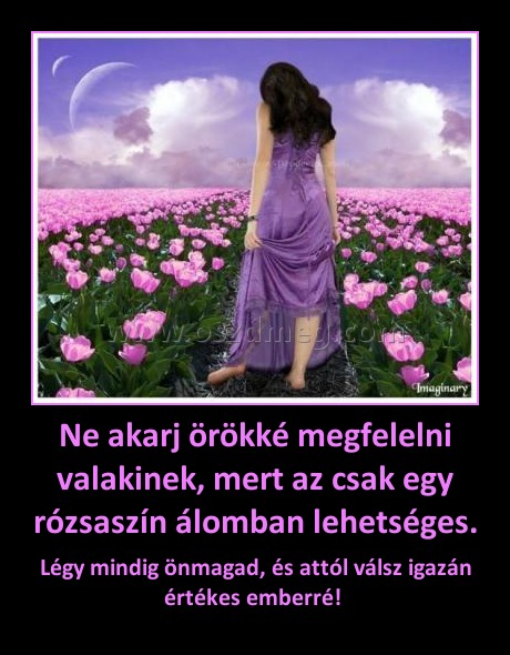Ne akarj örökké megfelelni valakinek, mert az csak egy rózsaszín álomban lehetséges. Ne akarj örökké megfelelni valakinek, mert az csak egy rózsaszín álomban lehetséges.
Légy mindig önmagad, és attól válsz igazán értékes emberré!