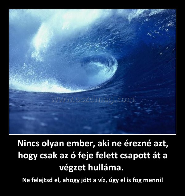 Nincs olyan ember, aki ne érezné azt, hogy csak az ó feje felett csapott át a végzet hulláma. Nincs olyan ember, aki ne érezné azt, hogy csak az ó feje felett csapott át a végzet hulláma.
Ne felejtsd el, ahogy jött a víz, úgy el is fog menni!