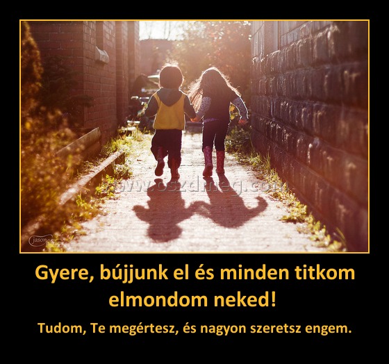 Gyere, bújjunk el és minden titkom elmondom neked! Gyere, bújjunk el és minden titkom elmondom neked!
Tudom, Te megértesz, és nagyon szeretsz engem.