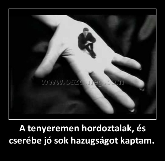 A tenyeremen hordoztalak, és cserébe jó sok hazugságot kaptam. A tenyeremen hordoztalak, és cserébe jó sok hazugságot kaptam.