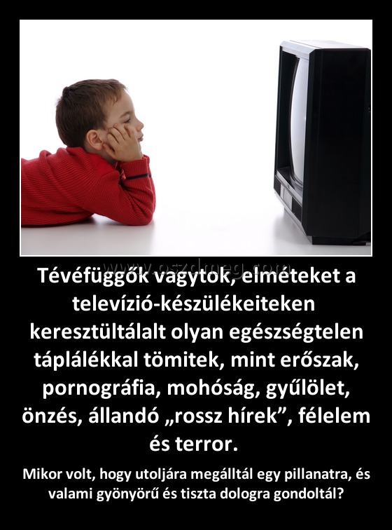 Tévéfüggők vagytok, elméteket a televízió-készülékeiteken keresztültálalt olyan egészségtelen táplálékkal tömitek, mint erőszak, pornográfia, mohóság, gyűlölet, önzés, állandó „rossz hírek”, félelem és terror. Tévéfüggők vagytok, elméteket a televízió-készülékeiteken keresztültálalt olyan egészségtelen táplálékkal tömitek, mint erőszak, pornográfia, mohóság, gyűlölet, önzés, állandó „rossz hírek”, félelem és terror.
Mikor volt, hogy utoljára megálltál egy pillanatra, és valami gyönyörű és tiszta dologra gondoltál?
